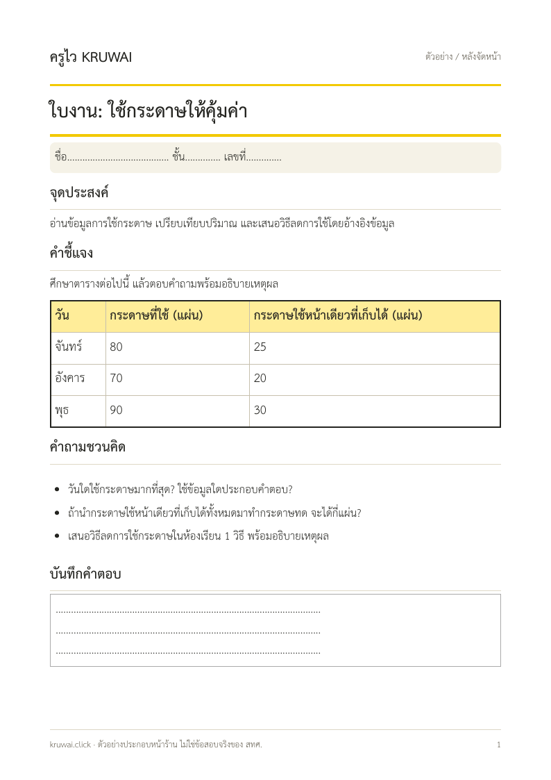 ตัวอย่างหลังจัดหน้า มีลำดับหัวข้อ ตาราง และพื้นที่ตอบเป็นระเบียบ