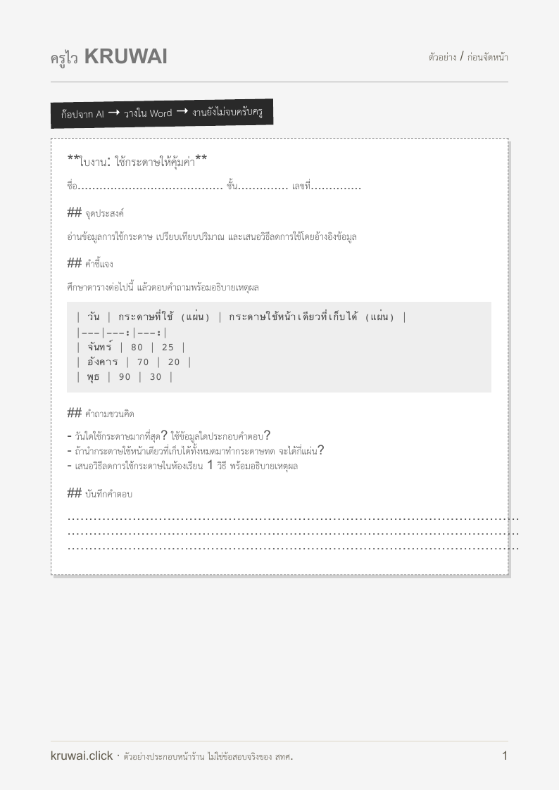 ตัวอย่างก่อนจัดหน้า มีเครื่องหมาย Markdown ตารางแบบข้อความ และลำดับเนื้อหาไม่ชัด